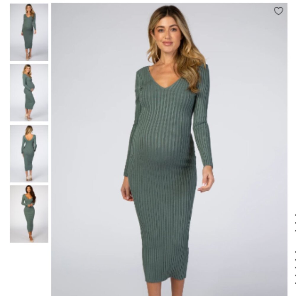 Pinkblush Sage Green Ribbed Long Sleeve Maternity Midi Dress